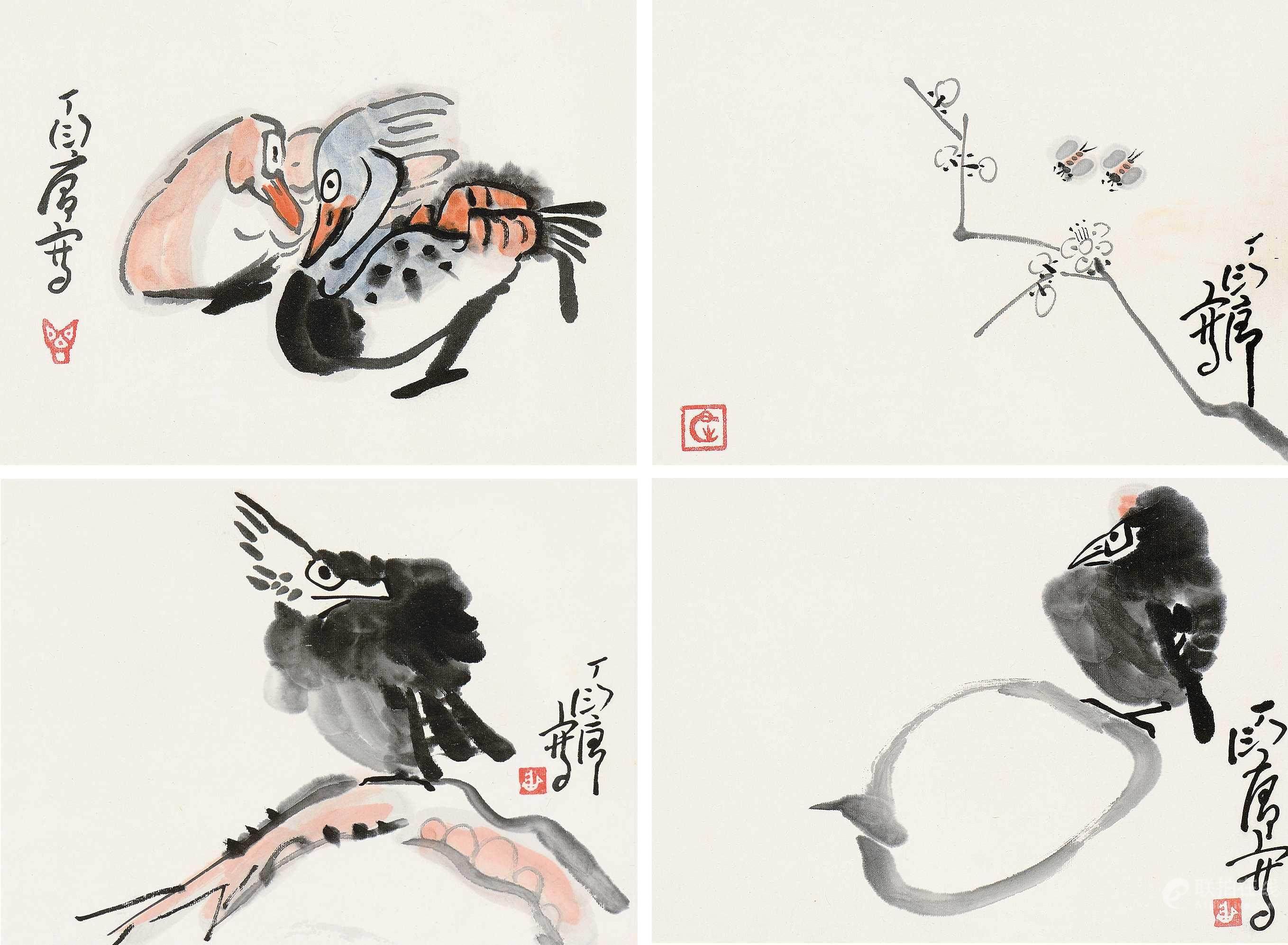 丁衍庸 (1902-1978) 花鸟 (一组四帧)