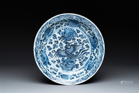 A Chinese blue and white 'phoenix and peonies' dish, Hongzhi/Zhengde