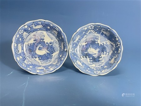 明 青花 五马图 小盘一对