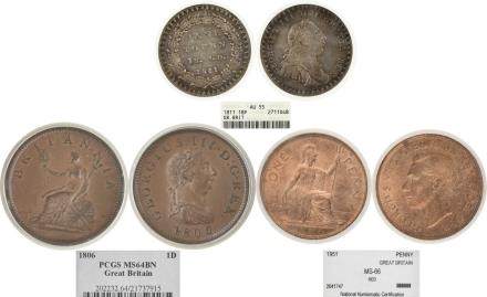 1806 英國喬治三世 1D銅仙 (MS64BN), 1811年 18P Bank Token (AU55), 1951年 喬治六世 1P銅仙 (MS66)。共3枚