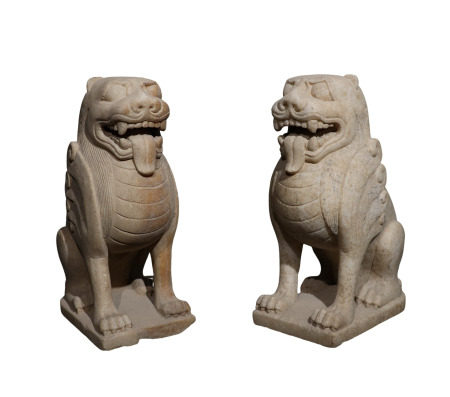 A pair of white marble lion statues from the Tang Dynasty, China