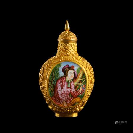 Chinese Qing Dynasty Qianlong Period Pure Gold Inlaid Western Figure Snuff Bottle