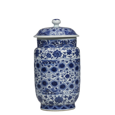Chinese Qing Dynasty Blue and White Flower Pattern Covered Vase