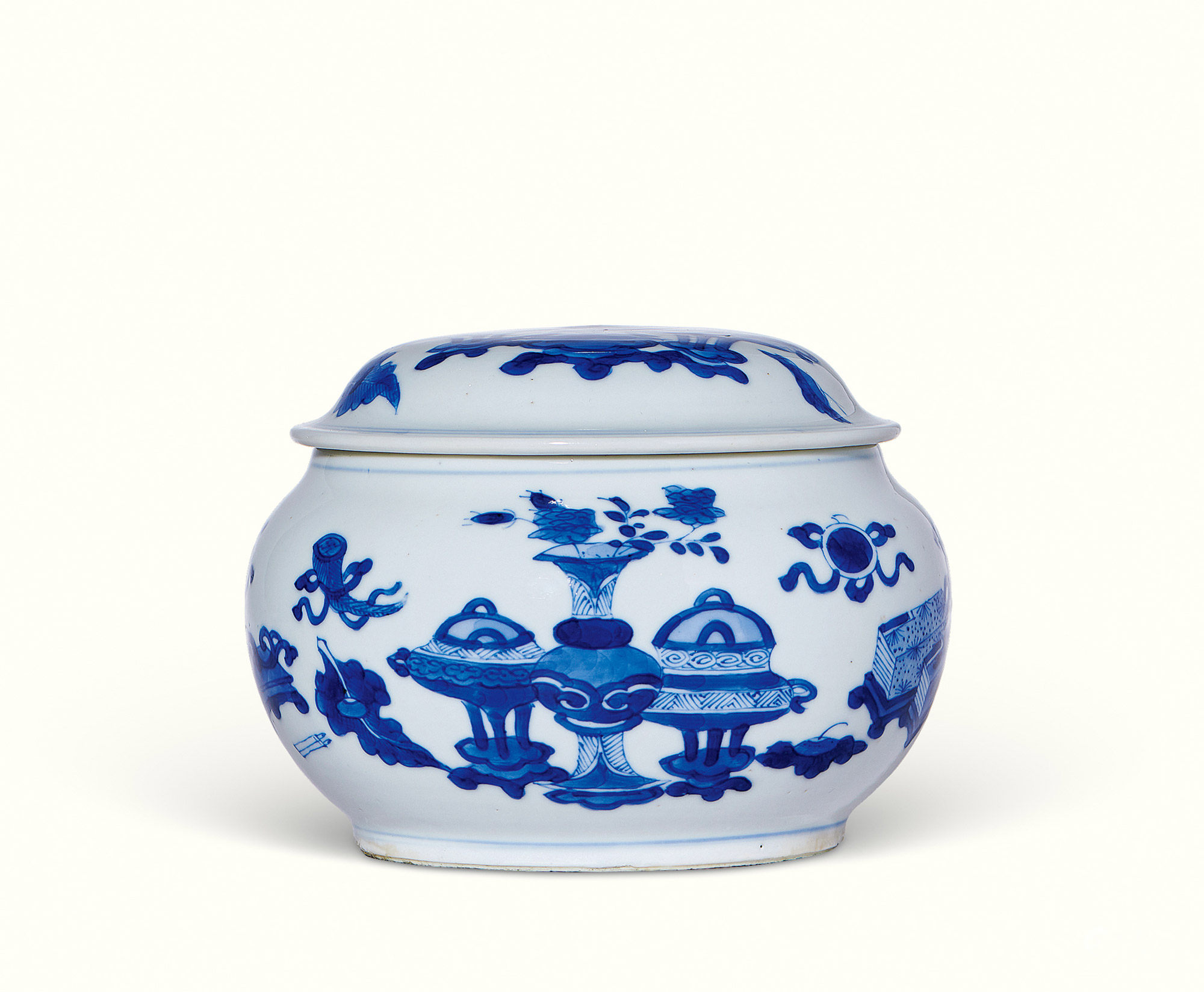 清康熙 青花博古图围棋罐