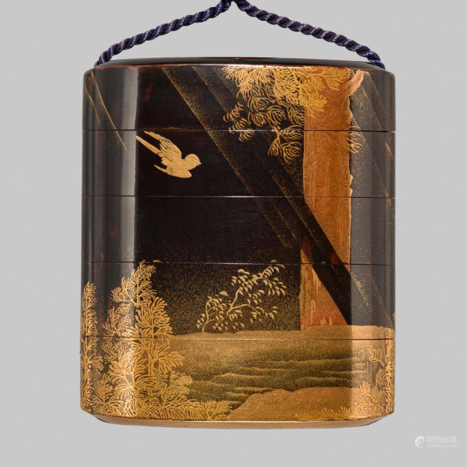 A FINE GOLD AND BLACK LACQUER TOGIDASHI FOUR-CASE INRO WITH A CHIDORI AND A TORII GATE