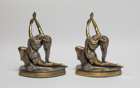 Two Antique Bronze Bookends of Dancing, 1910-20