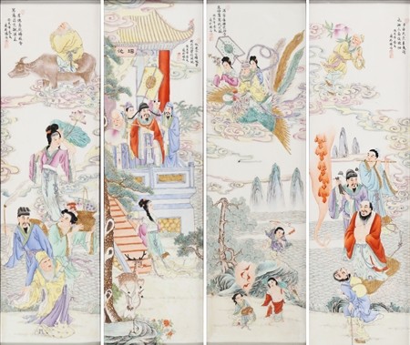 粉彩群星賀壽瓷板一套4件