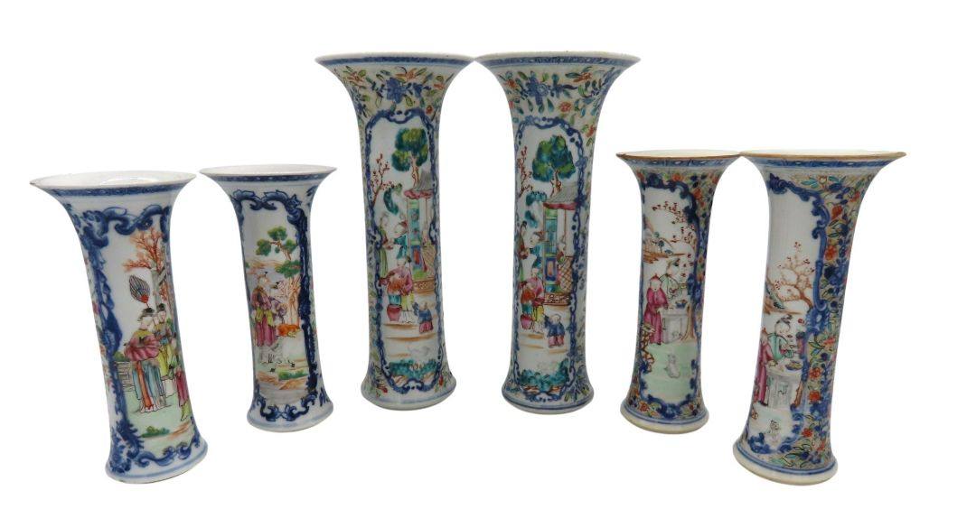 A FAMILLE ROSE GARNITURE OF FOUR VASES QIANLONG PERIOD (1736-1795) together with A SIMILAR PAIR (