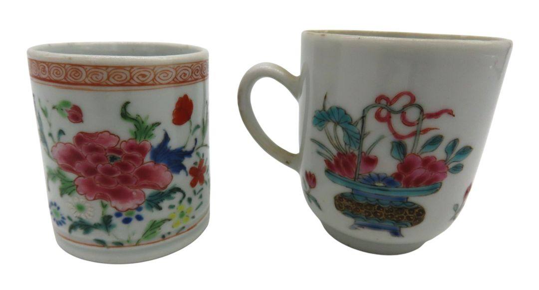 TWO SMALL FAMILLE ROSE MUGS QIANLONG PERIOD (1736-1795) 6cm, & 7cm high