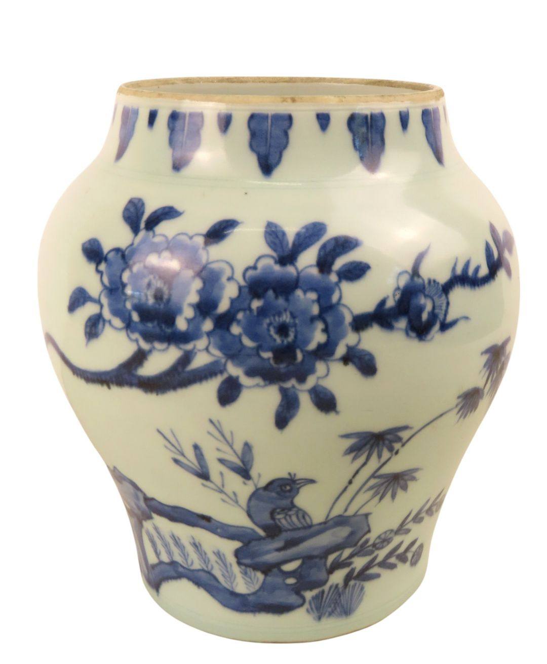 A CHINESE BLUE AND WHITE JAR 20TH CENTURY in the transitional style 18cm high