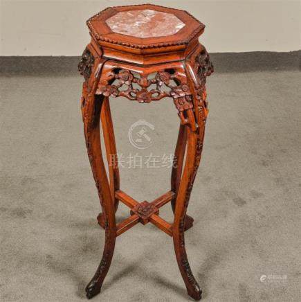 URN STAND - AntiqueChinese rosewood with inset rouge marble 