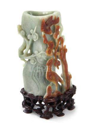 Chinese pale-green jadeite tree trunk and bird vase (2pcs)
