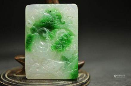 Jadeite Cade Carving Fish & Lotus Pendant