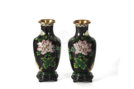 PAIR OF MIRRORED DESIGN BLACK CLOISONNE VASES MULTICOLORED F