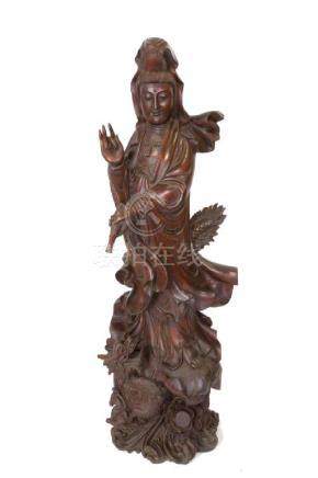 ANTIQUE LARGE CARVED CHINESE WOOD STANDING GUANYIN