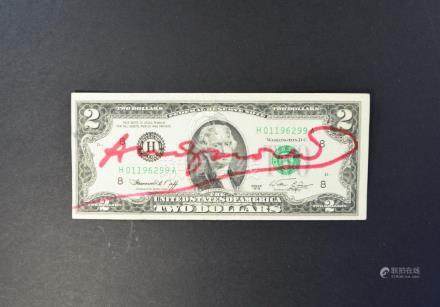 $2 US DOLLAR BILL 1970'S BEARING SIGN ANDY WARHOL