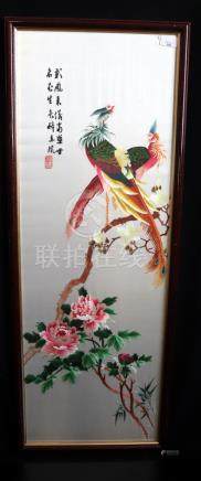  Large Chinese Silk Embroidered Panel, Depicting Ho Ho Birds On A Branch