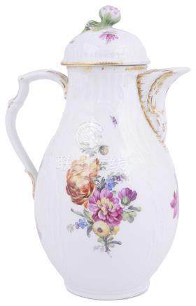  A BERLIN COFFEE POT AND COVER, CIRCA 1770-80 baluster, painted with flower sprays between moulded