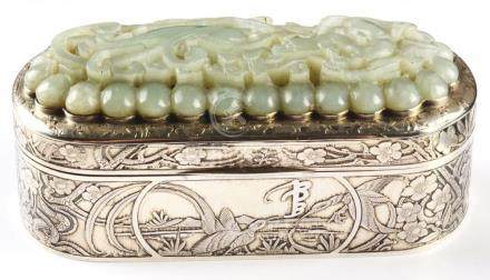 Chinese Silver & Jade Lidded Box.