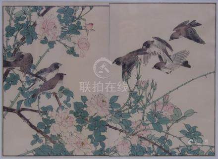 Imao Keinen 今尾 景年 (1845 - 1924) : A flock of birds above a r