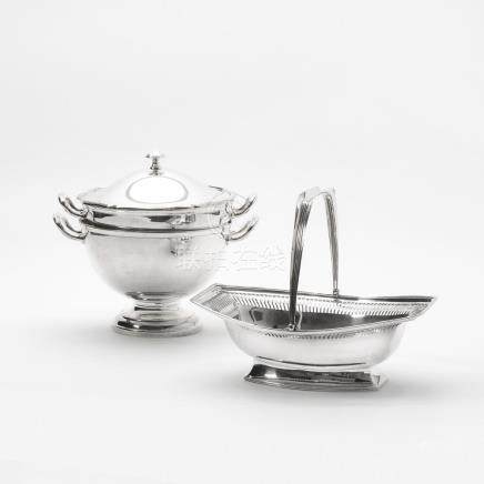 A Dutch silver basket and one silver-plated serving bowl wit