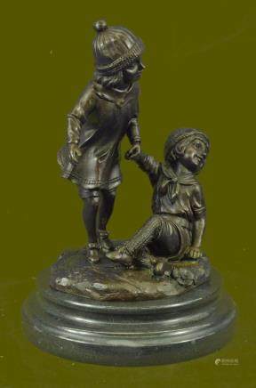 Bronze Group Two Children Statue Signed Decor Sculpture