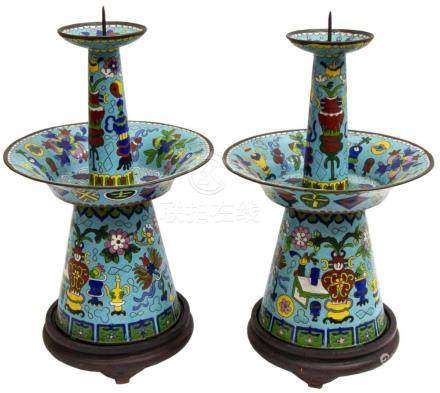 (2) CHINESE CLOISONNE ENAMEL CANDLE PRICKETS