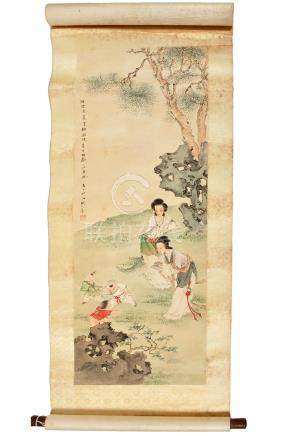 Vintage Chinese Scroll of Woman & Children