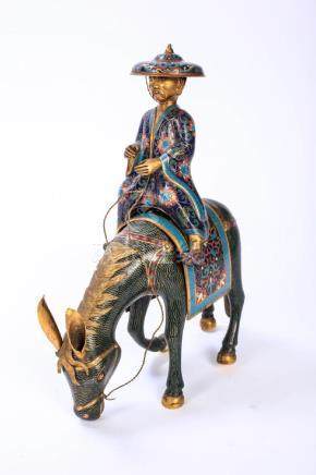 JAPANESE CLOISONNE FIGURINE OF A MAN ON HORSEBACK