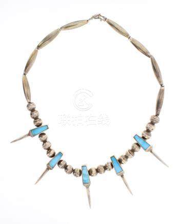 Old Pawn Inlay Turquoise Beads & Silver Claws Necklace