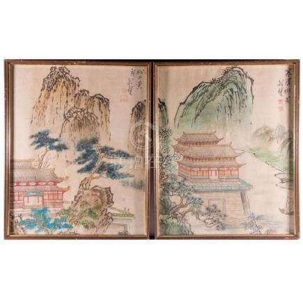 A pair of Chinese landscapes on silk.