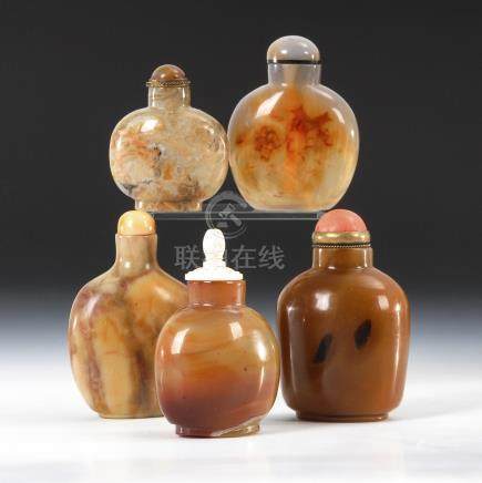  5 Snuffbottles - Mineralien.Five Snuff Bottles made from Minerals, incl. Agate.Alle in gedrungener