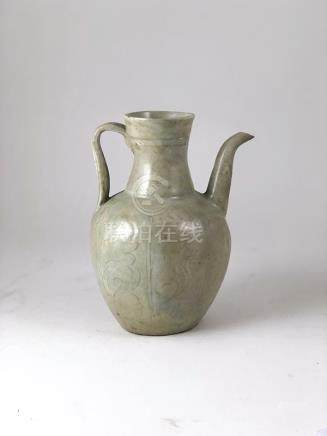  Sawankhalok Oil Ewer slightly hexagonal faceted body with faintly shallow decorations and white