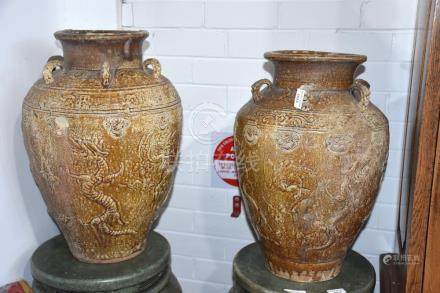 A pair of Chinese earthenware vases with raised dr