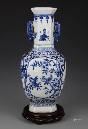 BLUE AND WHITE FLOWER AND BIRD PAINTED VASE