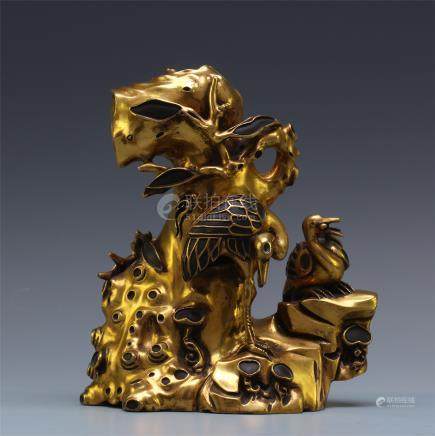 CHINESE GILT BRONZE BIRD SCHOLAR'S ROCK