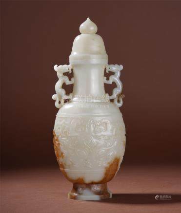 CHINESE WHITE JADE DRAGON HANDLE LIDDED VASE