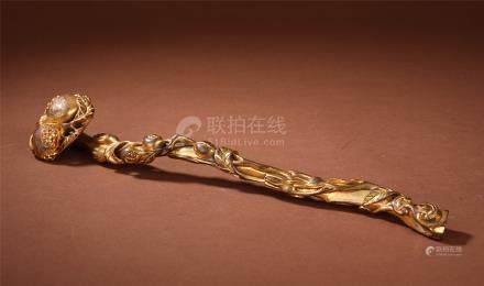 CHINESE GEM STONE INLAID GILT BRONZE RUYI SCEPTER