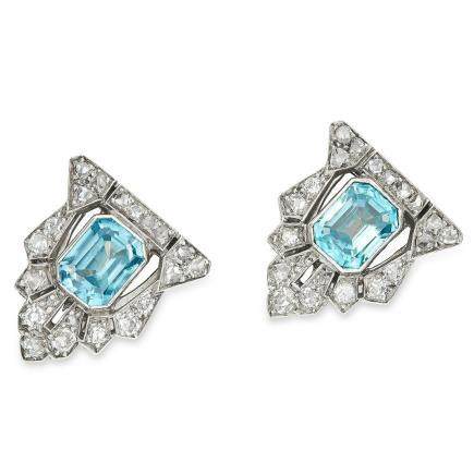 ANTIQUE ART DECO BLUE ZIRCON AND DIAMOND CLIPS in 18ct