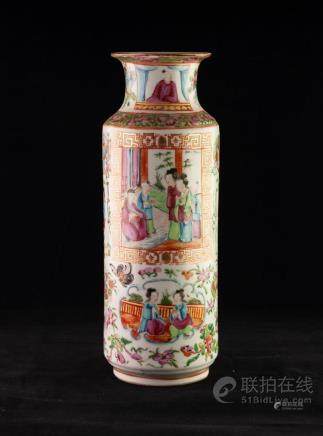  CHINESE LATE QING DYNASTY CANTON DECORATED SLEEVE VASE, with figural panels divided with flowers,