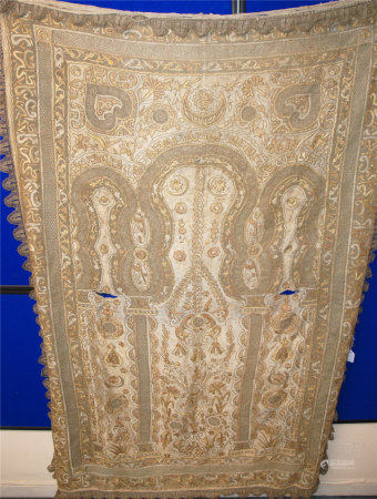  A TURKISH SILK AND METAL THREAD WOVEN COVER woven with pillars, arabesques and foliage, 176 x 114cm,