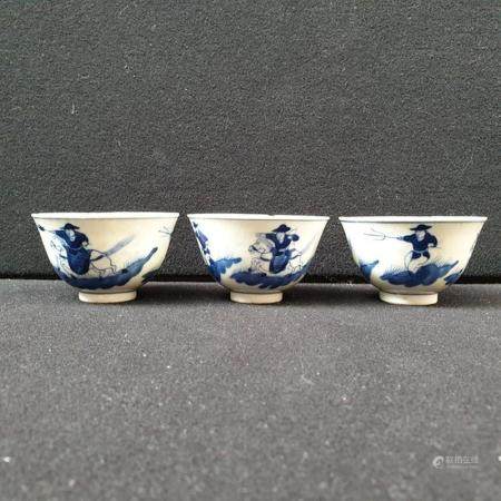 3 Chinese thee bowls with the a decoration of "Rabbit Hunt"