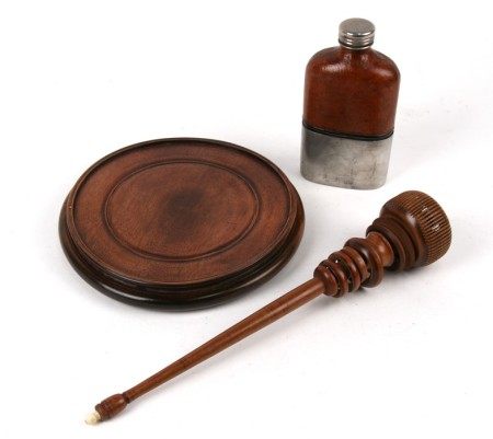 A Chinese hardwood vase stand, a turned wooden wool spinner together with a hip flask (3)