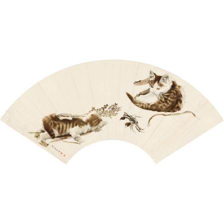 吴奇珊 双猫戏蟹