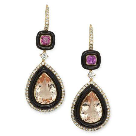 MORGANITE, ONYX AND DIAMOND DROP EARRINGS each set with