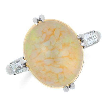 OPAL AND DIAMOND RING set with a cabochon opal between