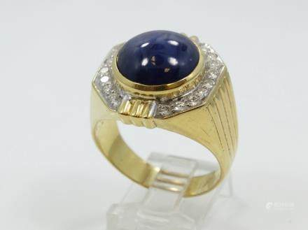 Vintage Men's Solid 18K Yellow Gold Ring W/9.00CT Royal Blue Sapphire Cabochon & 0.85CTW Genuine SI1-SI2/G-H Diamonds