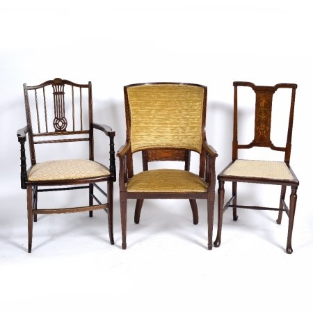 Mahogany and upholstered elbow chair Edwardian, and two other Edwardian inlaid chairs (3)