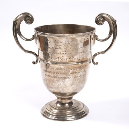 Large silver twin handled trophy cup engraved inscription for 'King's Challenge Cup' bearing marks