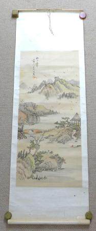 A Japanese scroll painting or Kakemono, Meiji period depicting landscape with mountains and water,